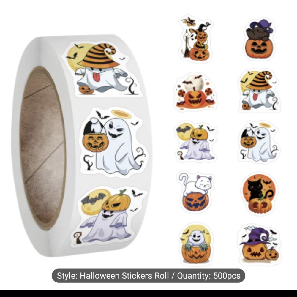 Roll Of 500 Halloween Stickers with Ghosts and Pumpkins